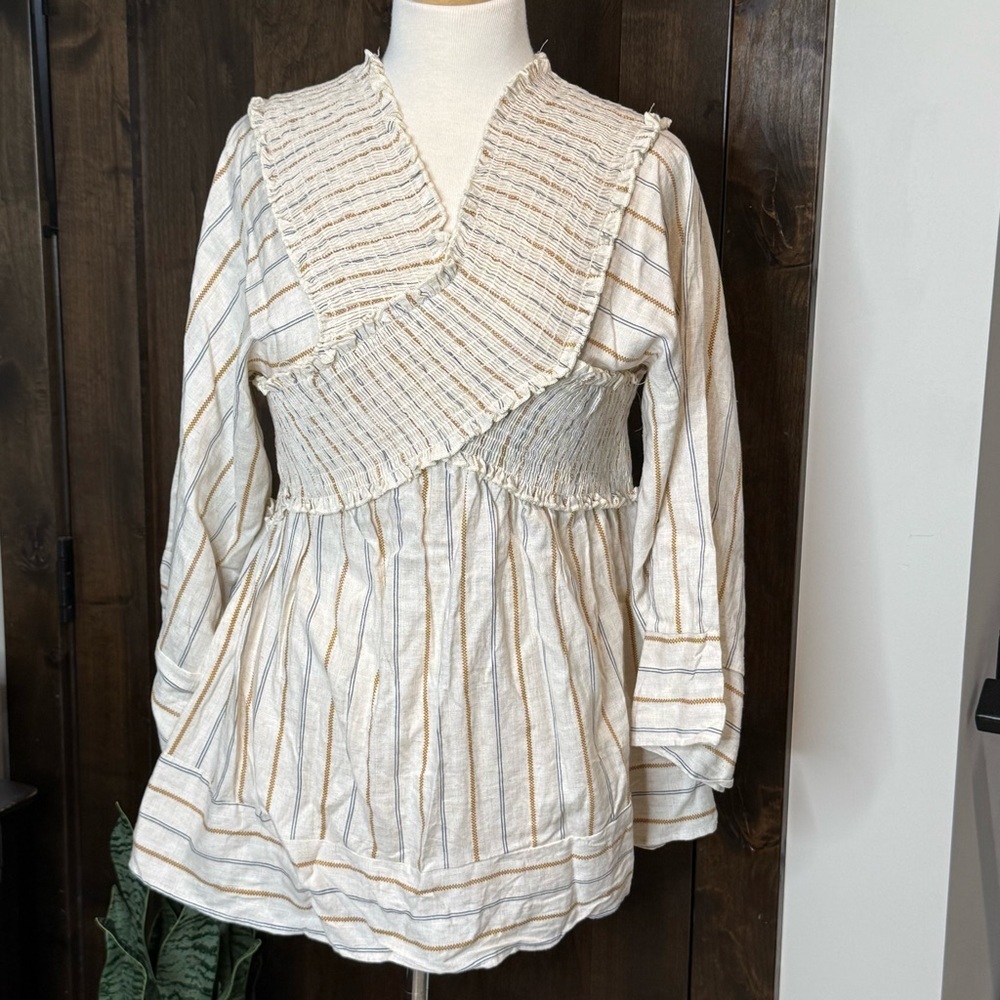 Hummingbird Criss Cross long sleeve ivory 100% rayon top blue gold pinstripe L